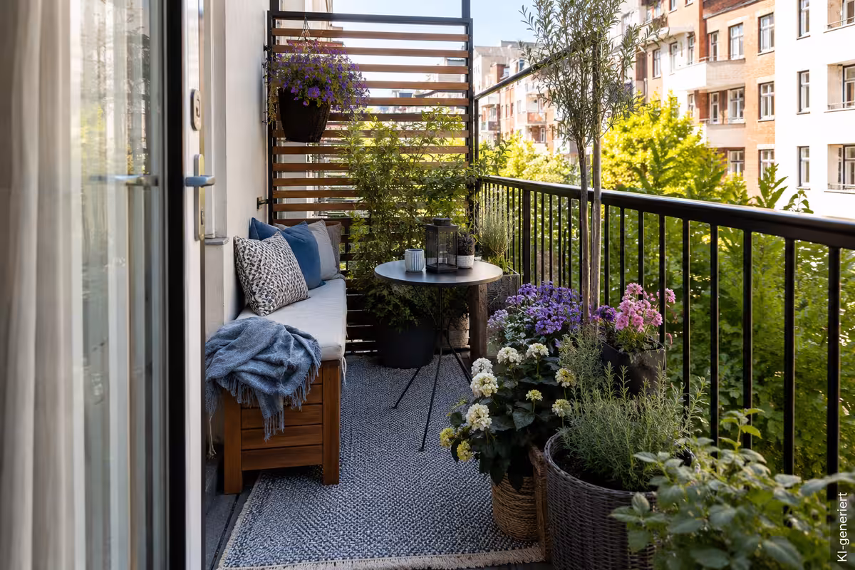 Balkonidee zum Thema: Balkon gemütlich gestalten: Ideen für Möbel, Pflanzen und Deko