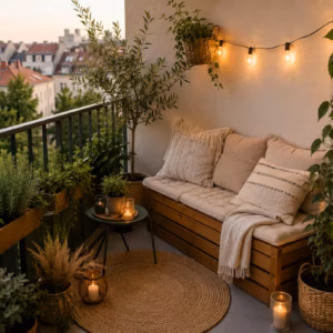 Balkonidee zum Thema: Kleine Balkon Lounge gestalten: Ideen für wenig Platz