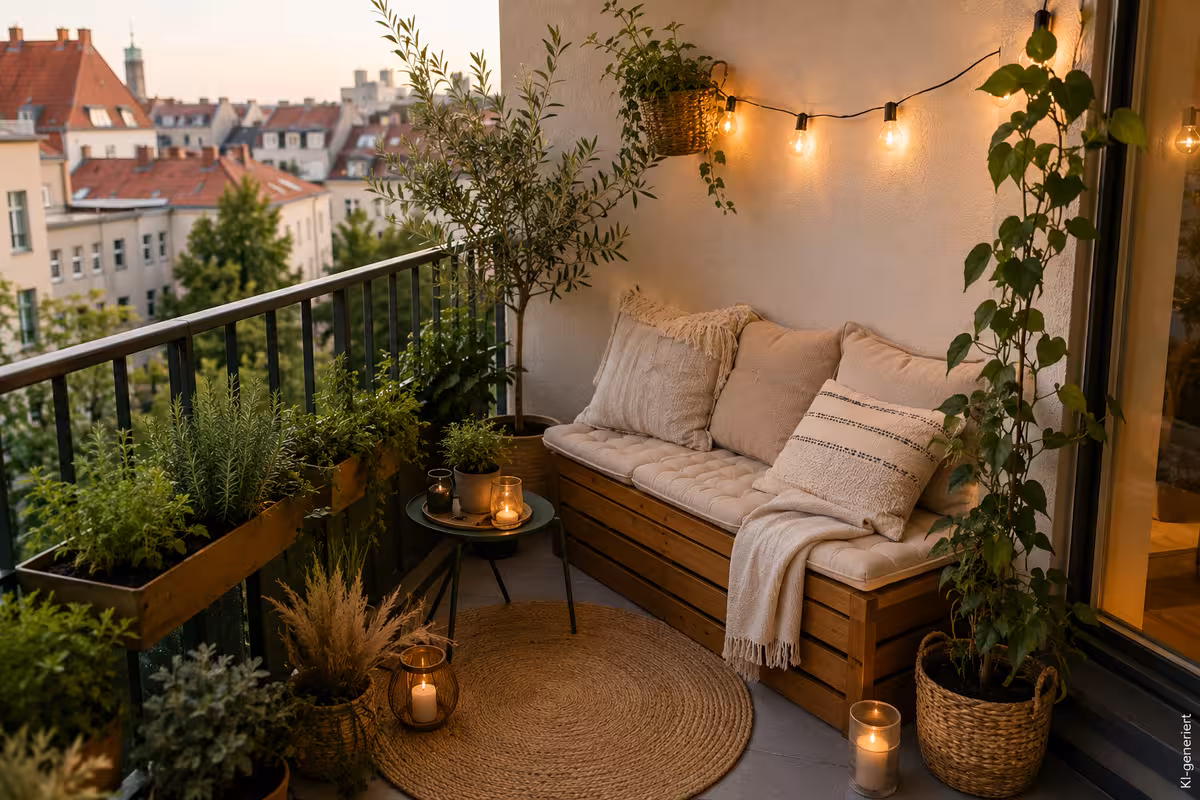 Balkonidee zum Thema: Kleine Balkon Lounge gestalten: Ideen für wenig Platz