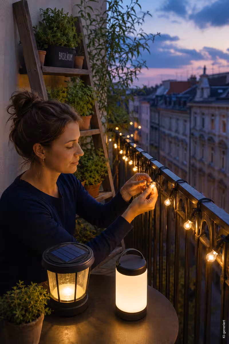 Umsetzung von: Sommer-Balkon dekorieren: Ideen für Pflanzen, Licht und Farbe