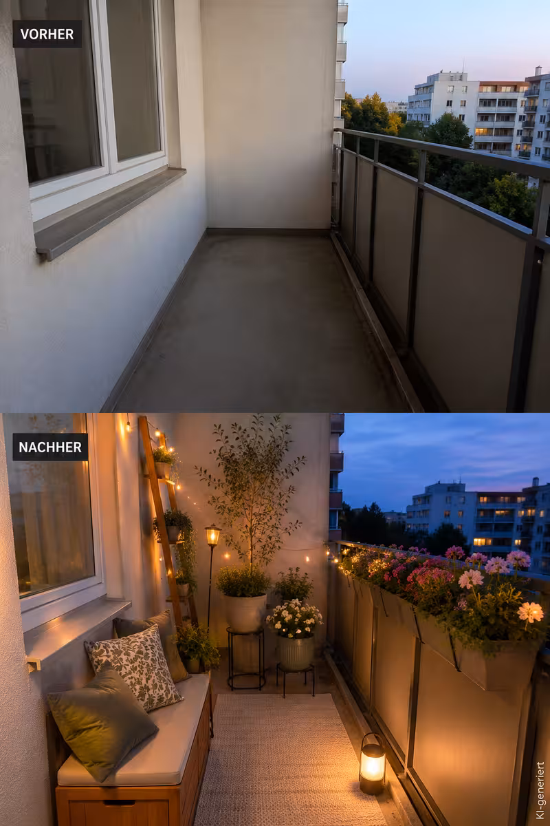Fertiges Ergebnis für: Sommer-Balkon dekorieren: Ideen für Pflanzen, Licht und Farbe