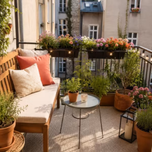 Balkonidee zum Thema: Sommer-Balkon dekorieren: Ideen für Pflanzen, Licht und Farbe