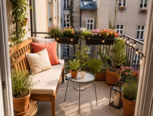Balkonidee zum Thema: Sommer-Balkon dekorieren: Ideen für Pflanzen, Licht und Farbe