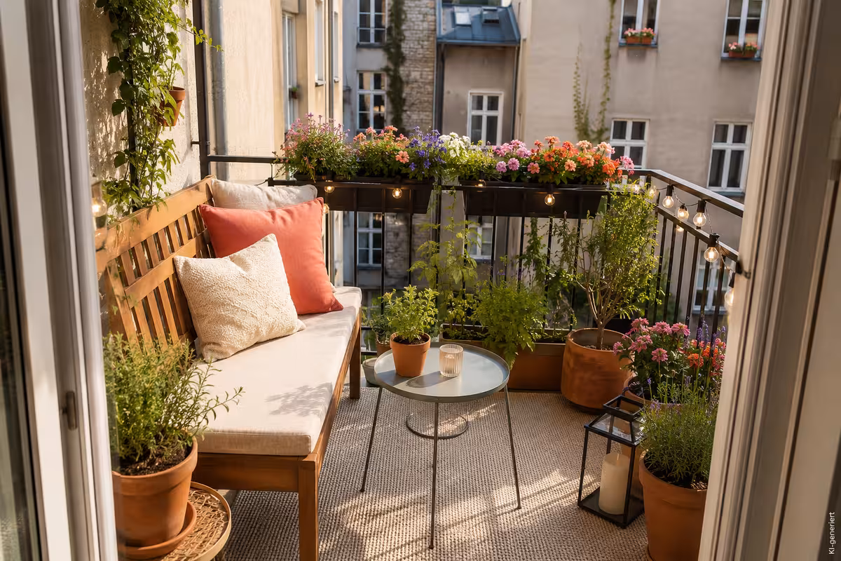 Balkonidee zum Thema: Sommer-Balkon dekorieren: Ideen für Pflanzen, Licht und Farbe