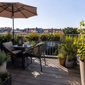 Balkonidee zum Thema: Balkon ohne Überdachung gestalten: Was funktioniert bei Wind und Wetter?