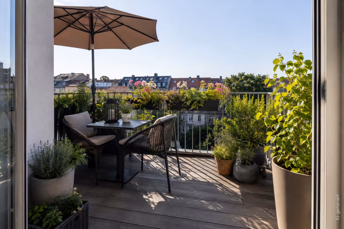 Balkonidee zum Thema: Balkon ohne Überdachung gestalten: Was funktioniert bei Wind und Wetter?