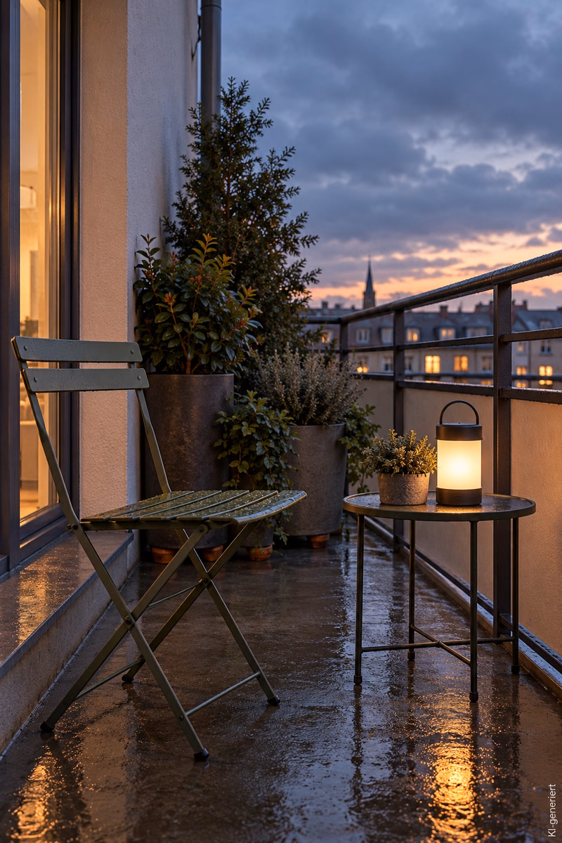 Winterbalkon gestalten: So planst du eine gemütliche Sitzecke 7 Offener Winterbalkon mit Metallstuhl ohne Polster, kleiner LED-Laterne und Pflanzkübeln nach Regen
