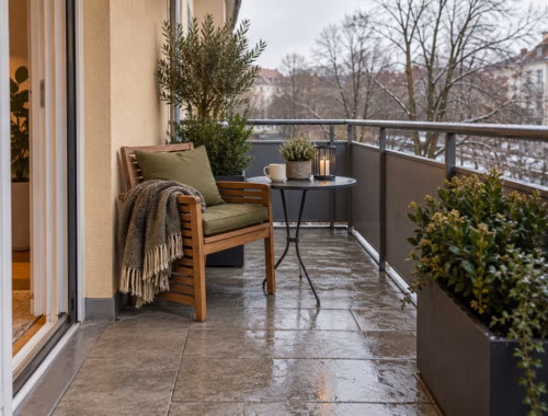 Gemütliche Sitzecke auf einem Winterbalkon mit Holzstuhl, grünem Kissen, Decke und kleinem Tisch