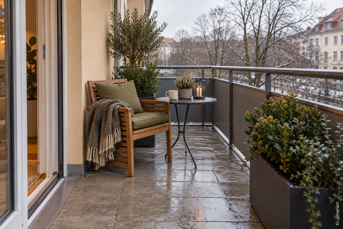 Gemütliche Sitzecke auf einem Winterbalkon mit Holzstuhl, grünem Kissen, Decke und kleinem Tisch