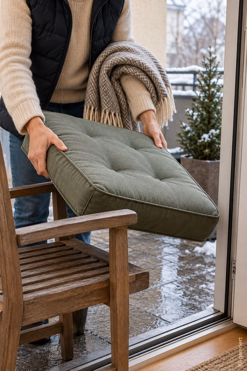Winterbalkon gestalten: So planst du eine gemütliche Sitzecke 6 Eine Person nimmt ein grünes Sitzkissen und eine Wolldecke vom Balkon mit ins Haus